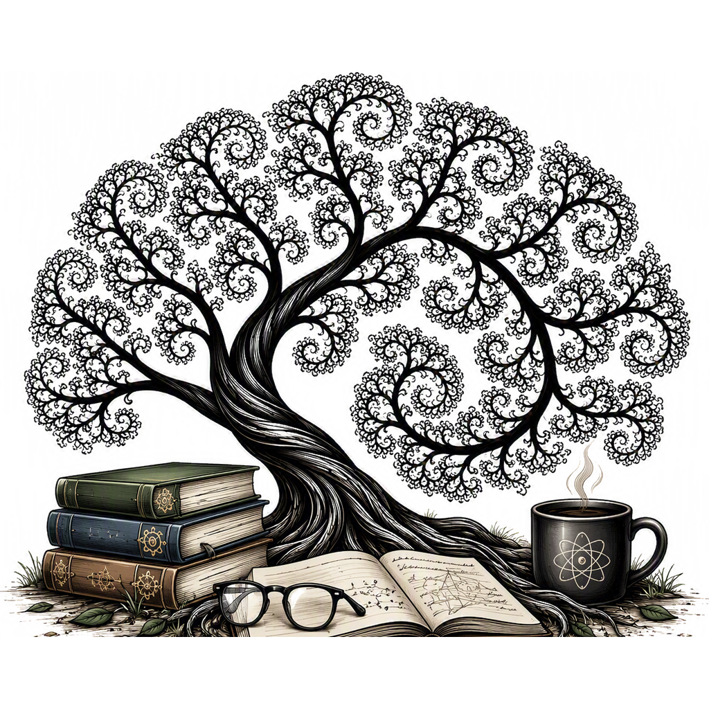 Shade Tree Science tree, books, coffee, and glasses emblem